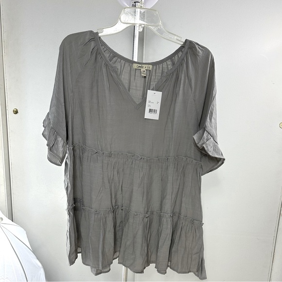 Grey ruffled top, sz medium NWT Camille & Co v-neck NEW long top - Picture 1 of 7